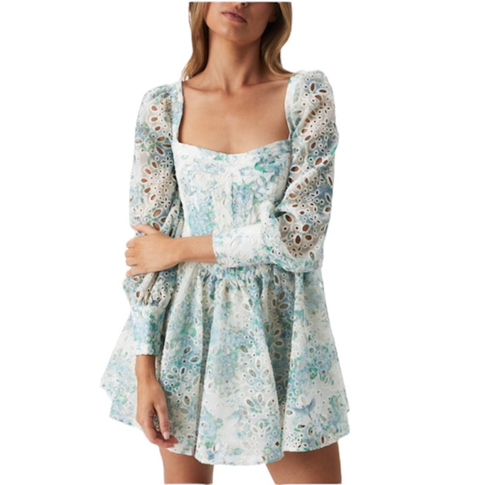 Bardot Lila Eyelet Water Floral Long Sleeve Flounce Minidress White Blue 10 NWT
